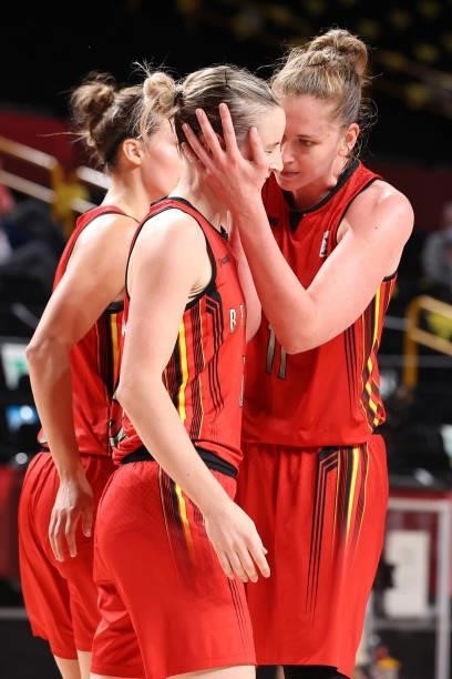 Emma Meesseman of Team Belgium talks to teammate Kim Mestdagh during the second half of a Women's Preliminary Round Group C game on day four of the...