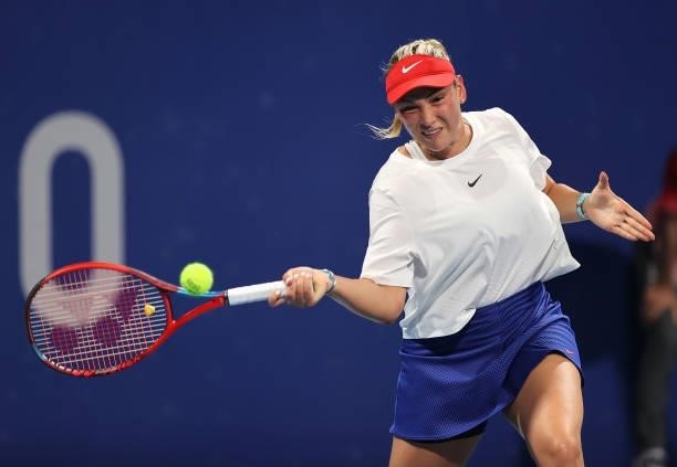 Donna Vekic of Team Croatia plays a forehand during her Women's Singles Third Round match against Elena Rybakina of Team Kazakhstan on day four of...