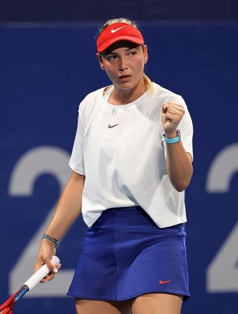 Donna Vekic of Team Croatia celebrates after a point during her Women's Singles Third Round match against Elena Rybakina of Team Kazakhstan on day...