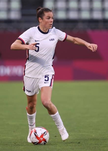 Kelley O'Hara of Team United States runs with the ball during the Women's Group G match between United States and Australia on day four of the Tokyo...