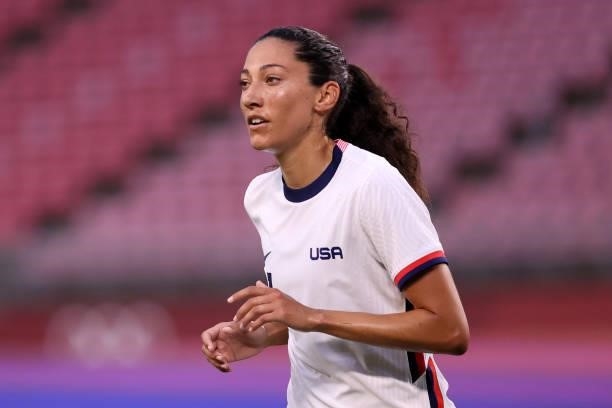 Christen Press of Team United States looks on during the Women's Group G match between United States and Australia on day four of the Tokyo 2020...