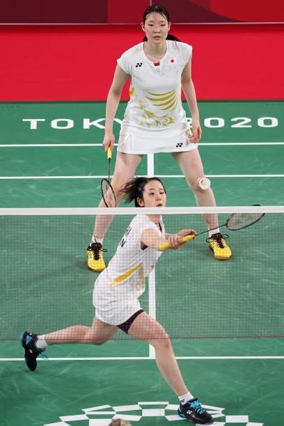 Mayu Matsumoto and Wakana Nagahara of Team Japan compete against Cheryl Seinen and Selena Piek of Team Netherlands during a Women's Doubles Group B...