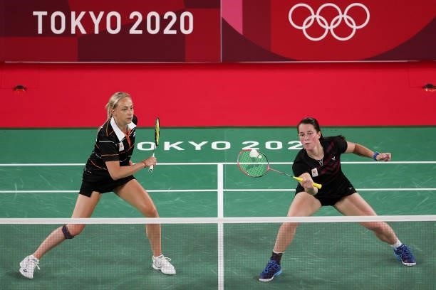 Cheryl Seinen and Selena Piek of Team Netherlands compete against Mayu Matsumoto and Wakana Nagahara of Team Japan during a Women's Doubles Group B...