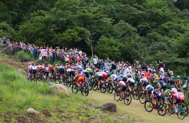 General view of the peloton during the Women's Cross-country race on day four of the Tokyo 2020 Olympic Games at Izu Mountain Bike Course on July 27,...