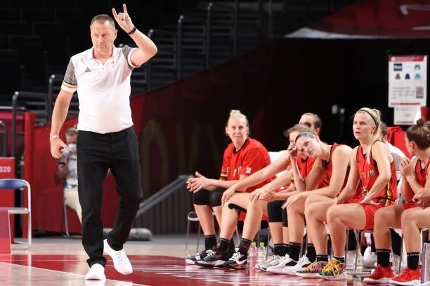 Team Belgium Head Coach Philip Mestdagh signals to his team during the second half of their Women's Preliminary Round Group C game against Australia...