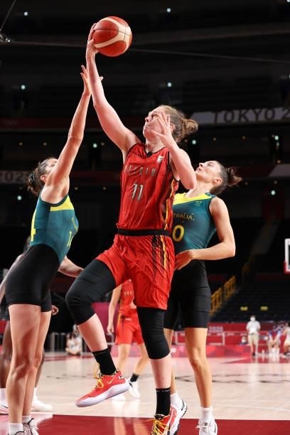 Emma Meesseman of Team Belgium drives to the basket against Australia during the second half of a Women's Preliminary Round Group C game on day four...