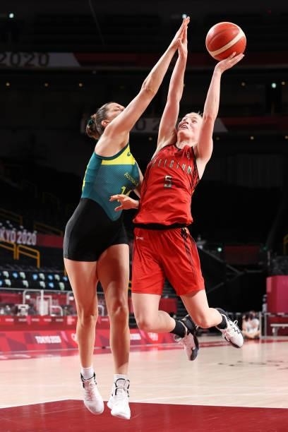 Kim Mestdagh of Team Belgium drives to the basket against Marianna Tolo of Team Australia during the second half of a Women's Preliminary Round Group...