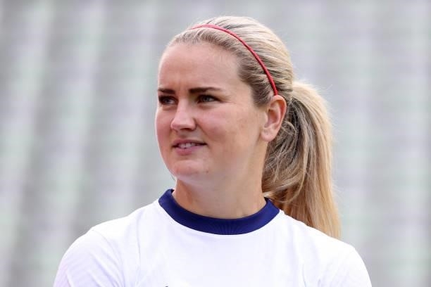 Lindsey Horan of Team United States looks on during the Women's Football Group G match between United States and Australia on day four of the Tokyo...
