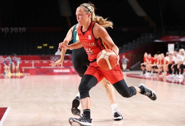 Julie Allemand of Team Belgium drives to the basket against Team Australia during the second half of a Women's Preliminary Round Group C game on day...