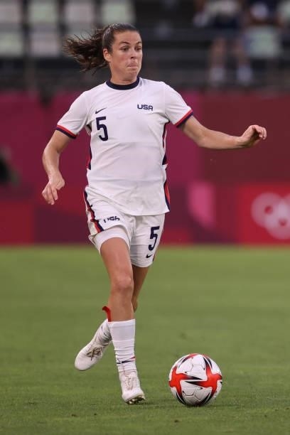 Kelley O'Hara of Team United States runs with the ball during the Women's Football Group G match between United States and Australia on day four of...