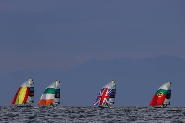 Men's Skiff - 49er class race gets underway on day four of the Tokyo 2020 Olympic Games at Enoshima Yacht Harbour on July 27, 2021 in Fujisawa,...