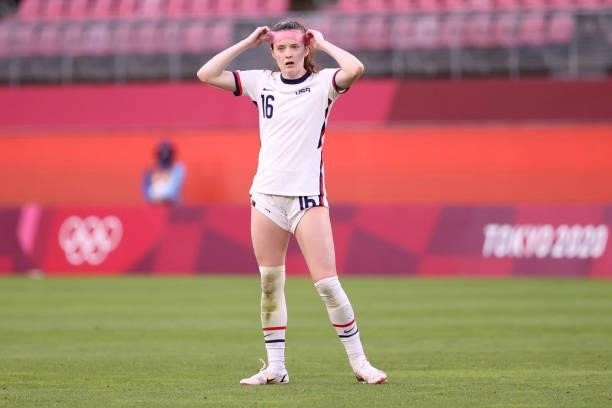 Rose Lavelle of Team United States reacts during the Women's Football Group G match between United States and Australia on day four of the Tokyo 2020...