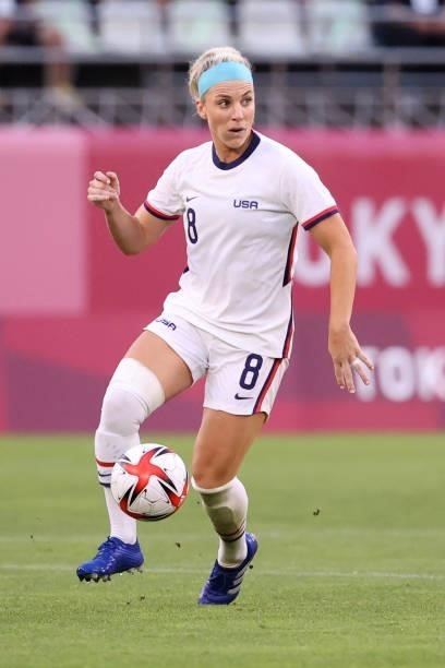 Julie Ertz of Team United States on the ball during the Women's Football Group G match between United States and Australia on day four of the Tokyo...
