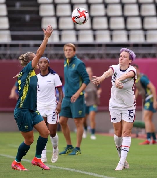 Megan Rapinoe of Team United States takes a throw in during the Women's Football Group G match between United States and Australia on day four of the...