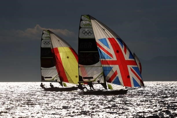 Dylan Fletcher and Stuart Bithell of Team Great Britain compete in the Men's Skiff - 49er class race on day four of the Tokyo 2020 Olympic Games at...