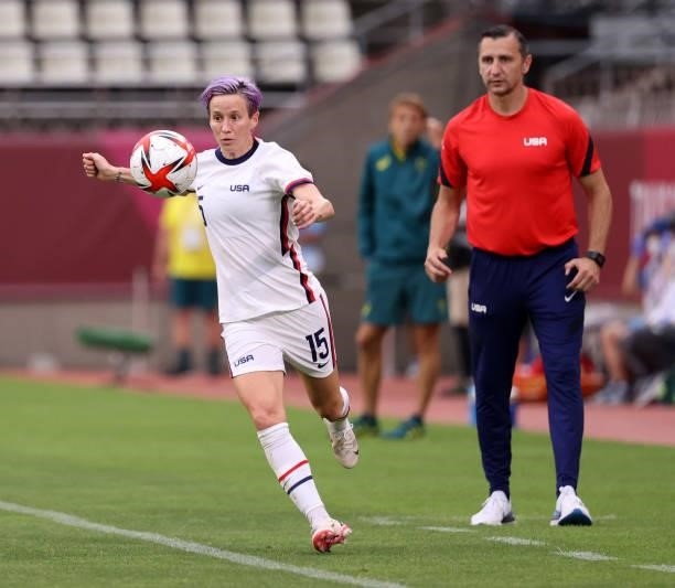 Megan Rapinoe of Team United States runs with the ball during the Women's Football Group G match between United States and Australia on day four of...