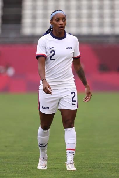 Crystal Dunn of Team United States looks on during the Women's Football Group G match between United States and Australia on day four of the Tokyo...