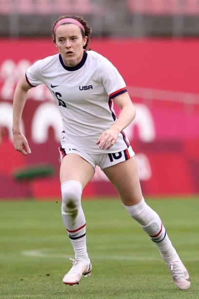 Rose Lavelle of Team United States looks on during the Women's Football Group G match between United States and Australia on day four of the Tokyo...