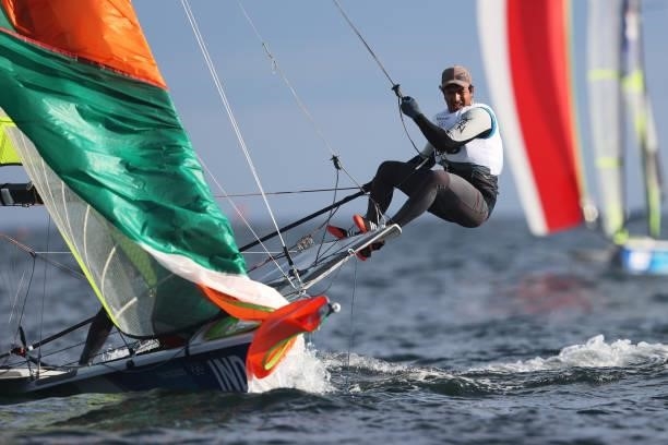 Ganapathy Kelapanda and Varun Thakkar of Team India compete in the Men's Skiff - 49er class race on day four of the Tokyo 2020 Olympic Games at...