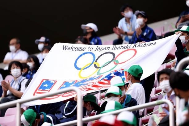 Banner is displayed welcoming Team United States during the Women's Football Group G match between United States and Australia on day four of the...