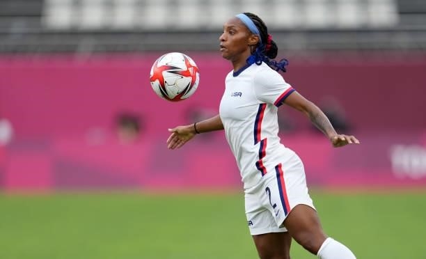 Crystal Dunn of Team United States traps the ball before a game between Australia and USWNT at Ibaraki Kashima Stadium on July 27, 2021 in Kashima,...