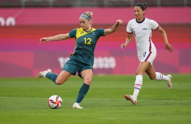 Ellie Carpenter of Team Australia moves with the ball before a game between Australia and USWNT at Ibaraki Kashima Stadium on July 27, 2021 in...