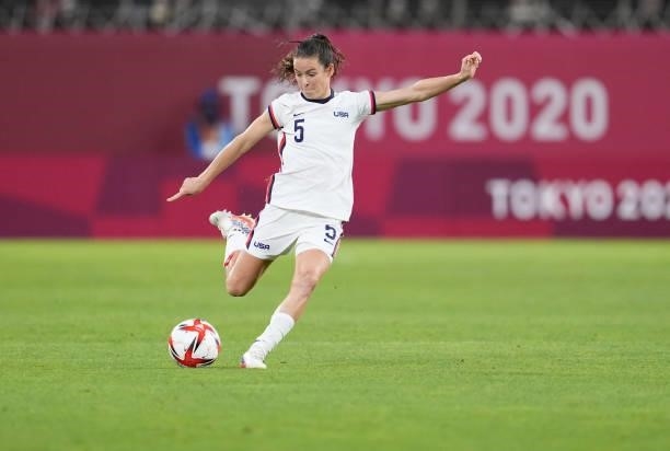 Kelley O'Hara of Team United States sends a crossing ball into the box during a game between Australia and USWNT at Ibaraki Kashima Stadium on July...