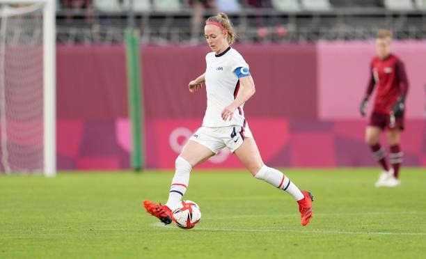Becky Sauerbrunn of Team United States passes off the ball before a game between Australia and USWNT at Ibaraki Kashima Stadium on July 27, 2021 in...
