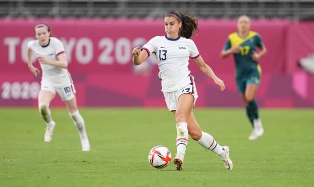 Alex Morgan of Team United States moves towards the box before a game between Australia and USWNT at Ibaraki Kashima Stadium on July 27, 2021 in...