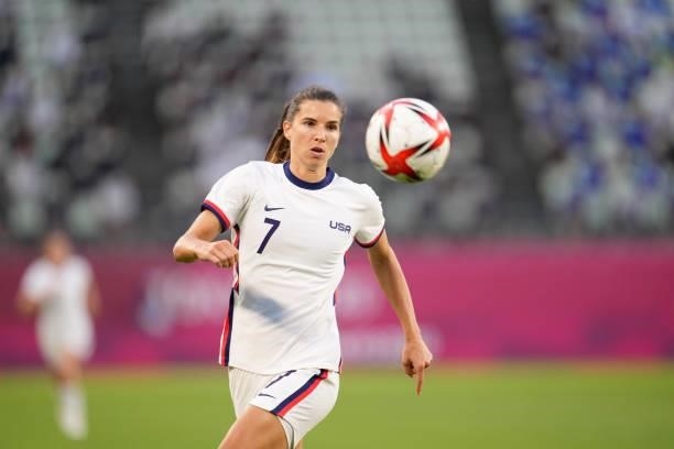 Tobin Heath of Team United States chases down a loose ball before a game between Australia and USWNT at Ibaraki Kashima Stadium on July 27, 2021 in...