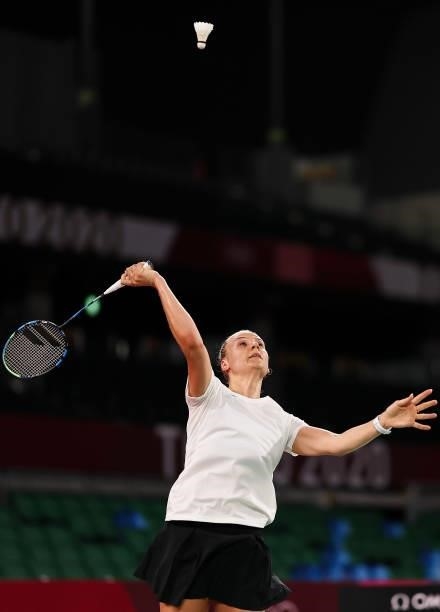 Kristin Kuuba of Team Estonia competes against Busanan Ongbamrungphan of Team Thailand during a Women’s Singles Group D match on day four of the...