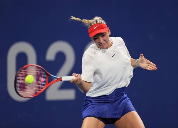 Donna Vekic of Team Croatia plays a forehand during her Women's Singles Third Round match against Elena Rybakina of Team Kazakhstan on day four of...