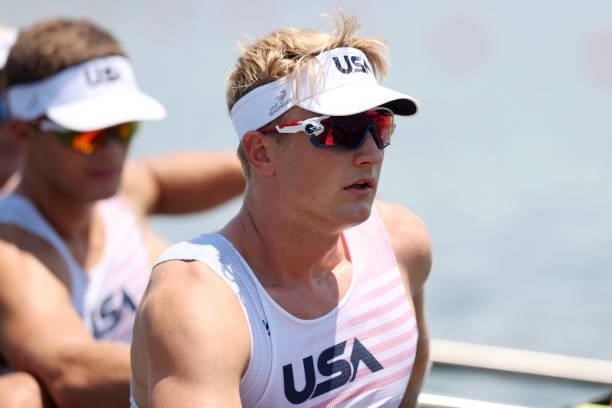 Clark Dean of Team USA Men's Four looks on before he competes on day one of the Tokyo 2020 Olympic Games at Sea Forest Waterway on July 24, 2021 in...