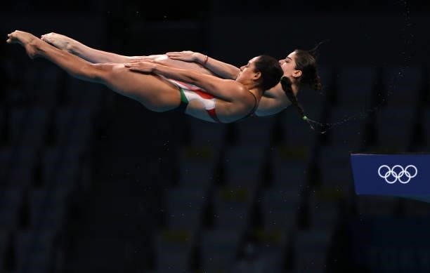 Alejandra Orozco Loza and Gabriela Agundez Garcia of Team Mexico compete during the Women's Synchronised 10m Platform Final on day four of the Tokyo...