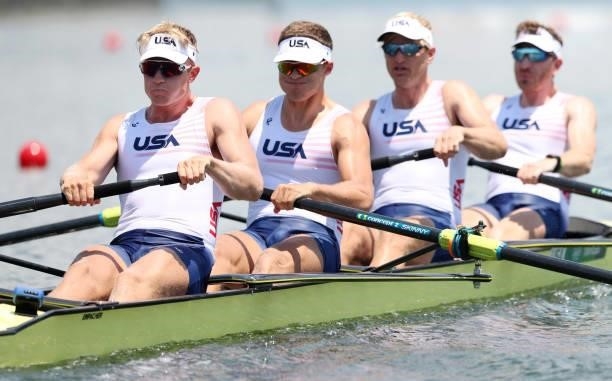 Andrew Reed, Anders Weiss, Michael Grady and Clark Dean of Team USA Men's Four compete on day one of the Tokyo 2020 Olympic Games at Sea Forest...