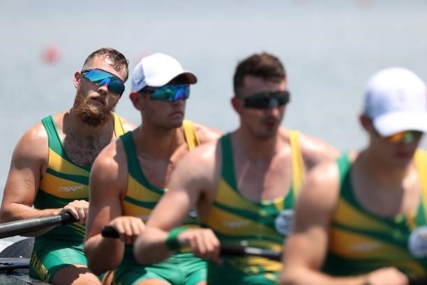 Lawrence Brittain of Team South Africa Men's Four looks on on day one of the Tokyo 2020 Olympic Games at Sea Forest Waterway on July 24, 2021 in...