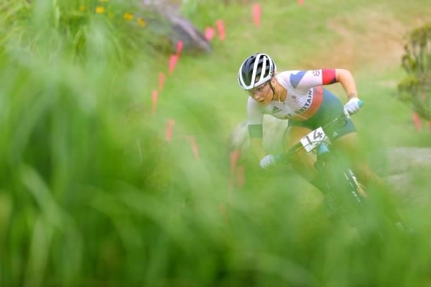 Evie Richards of Team Great Britain during the Women's Cross-country race on day four of the Tokyo 2020 Olympic Games at Izu Mountain Bike Course on...
