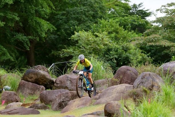 Rebecca Mcconnell of Team Australia during the Women's Cross-country race on day four of the Tokyo 2020 Olympic Games at Izu Mountain Bike Course on...