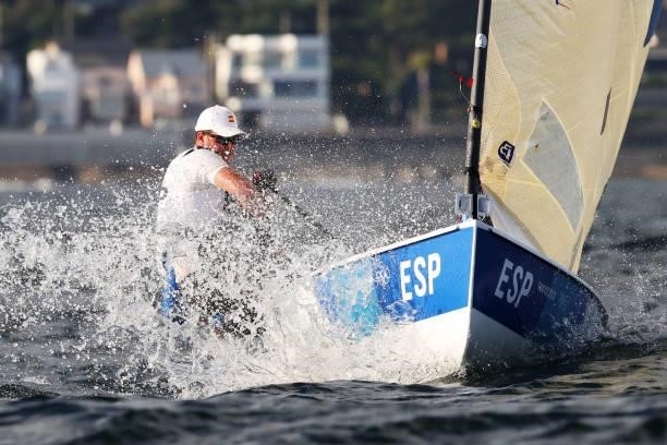 Joan Cardona Mendez of Team Spain competes in the Men's Finn class on day four of the Tokyo 2020 Olympic Games at Enoshima Yacht Harbour on July 27,...
