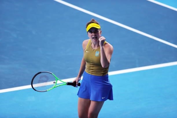 Elina Svitolina of Team Ukraine celebrates after a point during her Women's Singles Third Round match against Maria Sakkari of Team Greece on day...