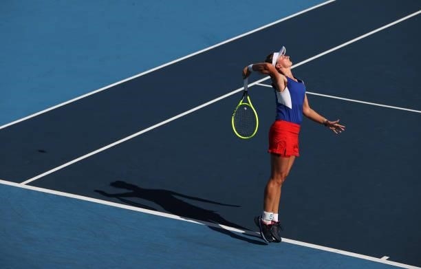 Barbora Krejcikova of Team Czech Republic serves during her Women's Singles Third Round match against Belinda Bencic of Team Switzerland on day four...