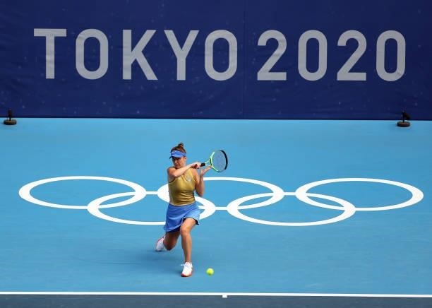 Elina Svitolina of Team Ukraine plays a forehand during her Women's Singles Third Round match against Maria Sakkari of Team Greece on day four of the...