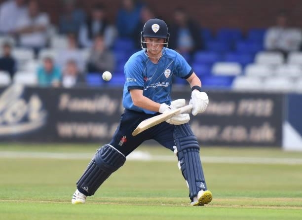 Harry Came of Derbyshire bats during the Royal London Cup match between Derbyshire and Warwickshire at The Incora County Ground on July 27, 2021 in...