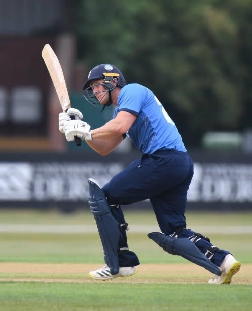 Om Wood of Derbyshire bats during the Royal London Cup match between Derbyshire and Warwickshire at The Incora County Ground on July 27, 2021 in...