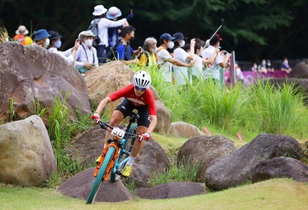 Malene Degn of Team Denmark rides during the Women's Cross-country race on day four of the Tokyo 2020 Olympic Games at Izu Mountain Bike Course on...