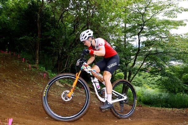 Linda Indergand of Team Switzerland rides during the Women's Cross-country race on day four of the Tokyo 2020 Olympic Games at Izu Mountain Bike...