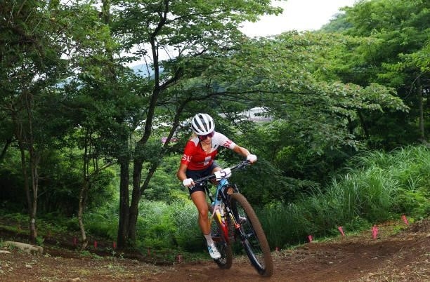 Jolanda Neff of Team Switzerland rides during the Women's Cross-country race on day four of the Tokyo 2020 Olympic Games at Izu Mountain Bike Course...