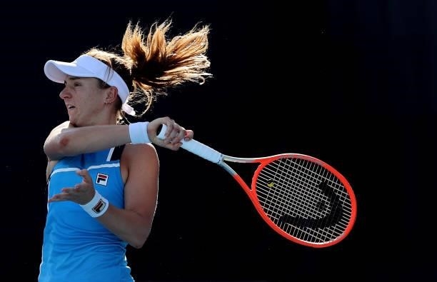 Nadia Podoroska of Team Argentina plays a forehand during her Women's Singles Third Round match against Paula Badosa of Team Spain on day four of the...