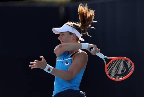 Nadia Podoroska of Team Argentina plays a forehand during her Women's Singles Third Round match against Paula Badosa of Team Spain on day four of the...