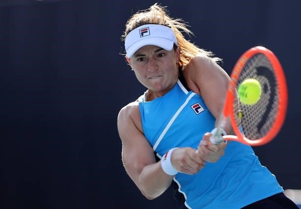 Nadia Podoroska of Team Argentina plays a backhand during her Women's Singles Third Round match against Paula Badosa of Team Spain on day four of the...